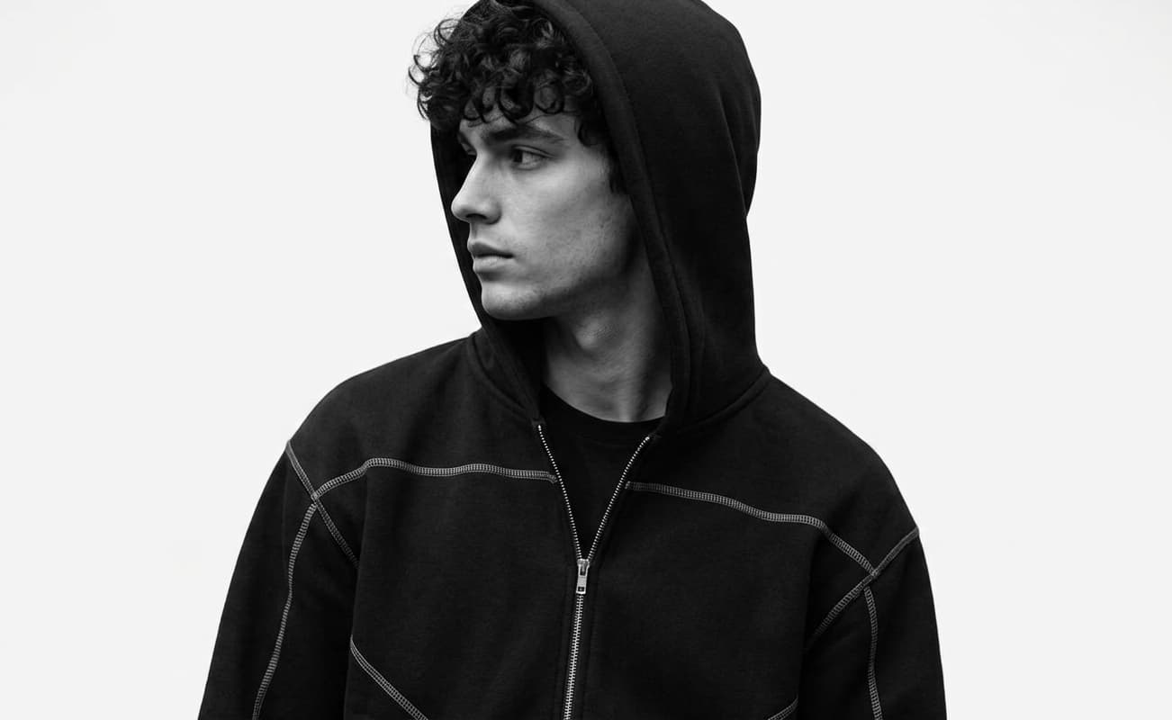Model in a contrast-stitched black zip hoodie, black and white