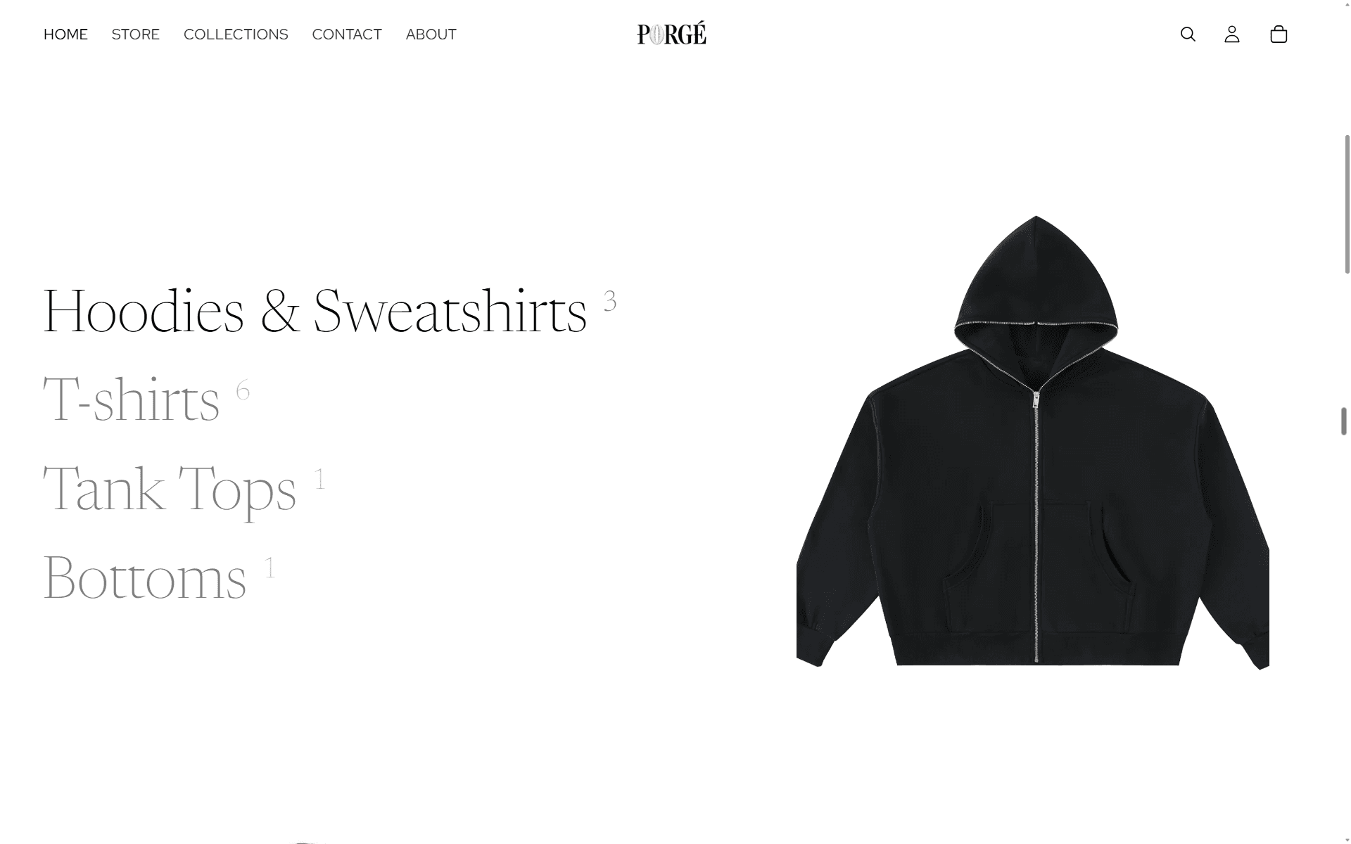 The categories section: generous whitespace, serif text, one contrasting product image